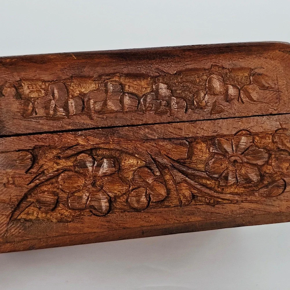 Vintage Handmade Carved Wooden Sewing Box Jewelry Trinket Floral Wood Inlay 1594